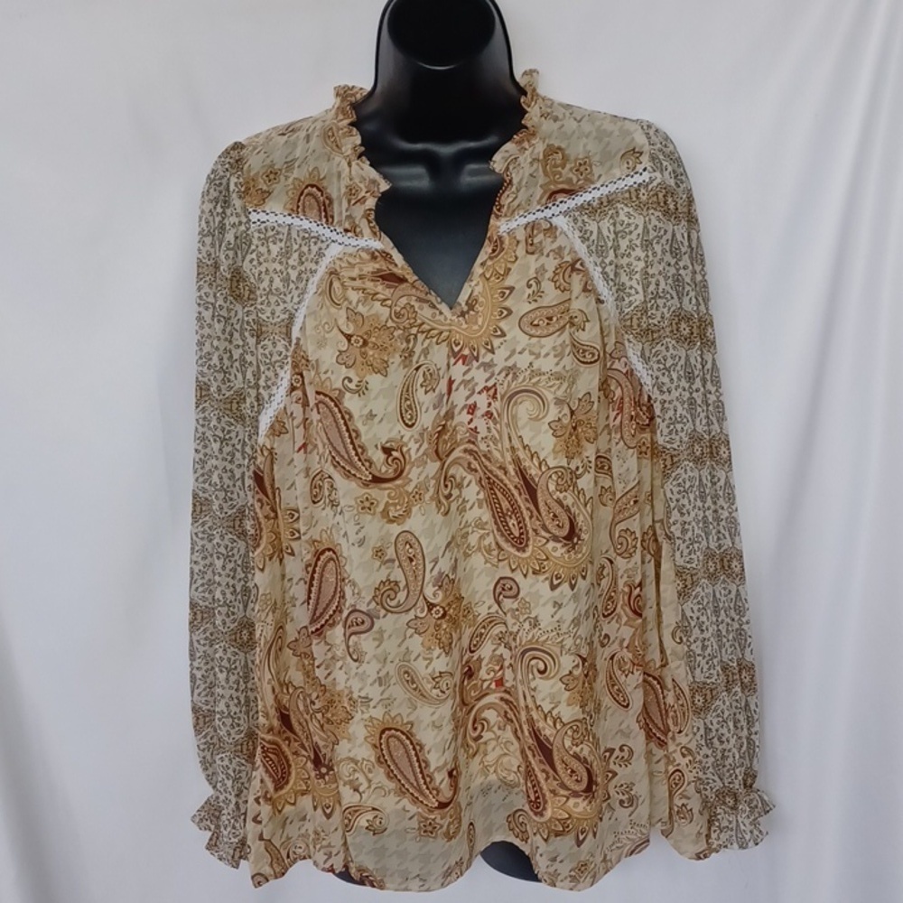Entro Boho Paisley Print Cream/Tan Puff Sleeve Dress/Tunic S, 21" PTP, 27" L
